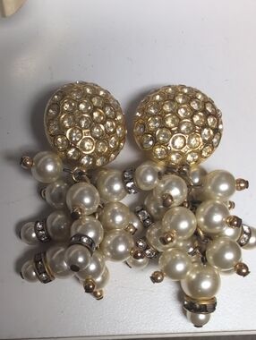 Gold and Pearl Cluster Drop Earrings - Brand:  Clip On